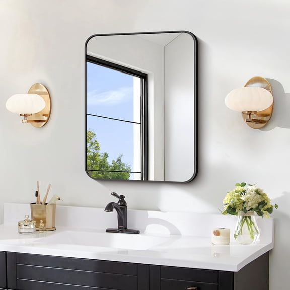 VONIGEE Bathroom Mirror for Over Sink 18x24 Inch Black, Rectanglar Wall Mirror with Metal Frame, Rounded Corners for Bathroom, Bedroom, Entryway Decor (Horizontal or
