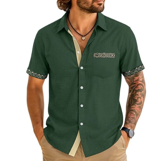 Camisas de Verano Casuales de los Hombres Impresas Camisa de Manga Corta Parchada para Hombres, Contraste Cuello Botón Arriba con Bolsillo de Pecho