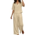 thumbnail image 3 of Feancey Vacation Outfits for Women 2 Piece Set Linen Short Sleeve Laplel V Neck Top and Elastic Waist Pant Lounge Sets Solid Color Loose Travel Outfit with Pockets Beige 3XL, 3 of 9