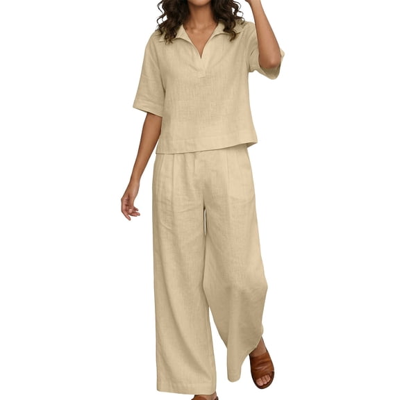 Iyufng 2 Piece Sets for Women Short Sleeve Collared Tops with Wide Leg Pant Lounge Sets
