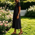 thumbnail image 4 of Ovbmpzd Casual Summer&nbsp;Dresses&nbsp;for Women Plain Linen Loose Button-Down Black Smocked Maxi V-Neck Shift Womens&nbsp;Dresses,L, 4 of 6