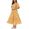 thumbnail image 2 of INSPIRE CHIC Women's Summer Casual Flowy Beach Square Neck Puff Short Sleeve Smocked Back Boho Floral Maxi Dress Yellow S, 2 of 5