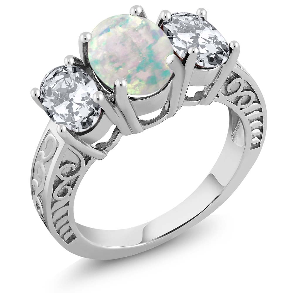 3.60 Ct Oval Cabochon White Simulated Opal 925 Sterling Silver Ring by