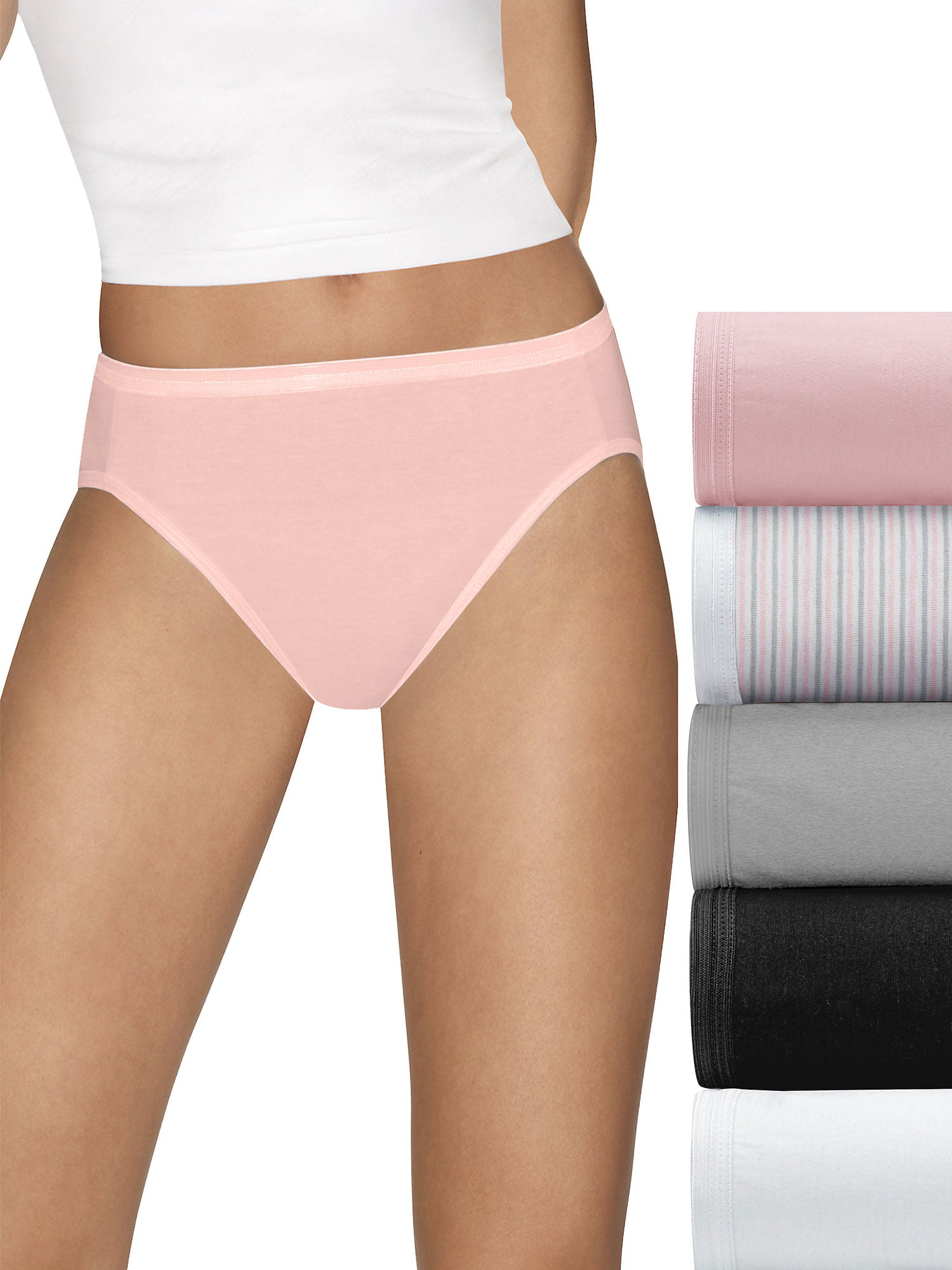 6 White/Pink/Stripe/Grey/Black Assorted Hanes Ultimate Womens Comfort Cotton Bikini Panties 5-Pack