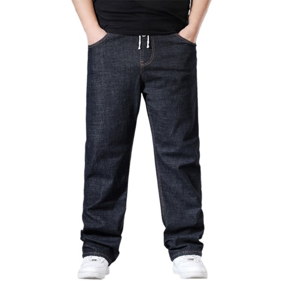 Mens Jeans Casual Elastic Waist Drawstring Straight Wide Leg Denim Trousers Loose Streetwear All Seasons Mens Pants Black XXL