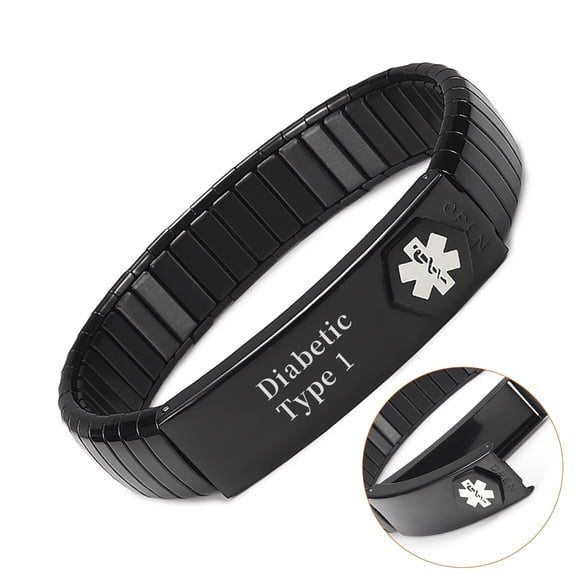 Wollet 7.5'' Stretch Black Medical Alert Bracelet for Women or Men, Easy on Easy off, Stainless Steel ID Bangle Personalized, Width:0.5'' , Diabetic Type 1