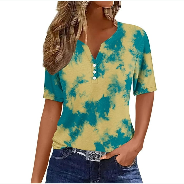 Tops de Algodón para las Mujeres, Retro No Posicionamiento Impreso, V-Cuello Botón Suelto para las Mujeres