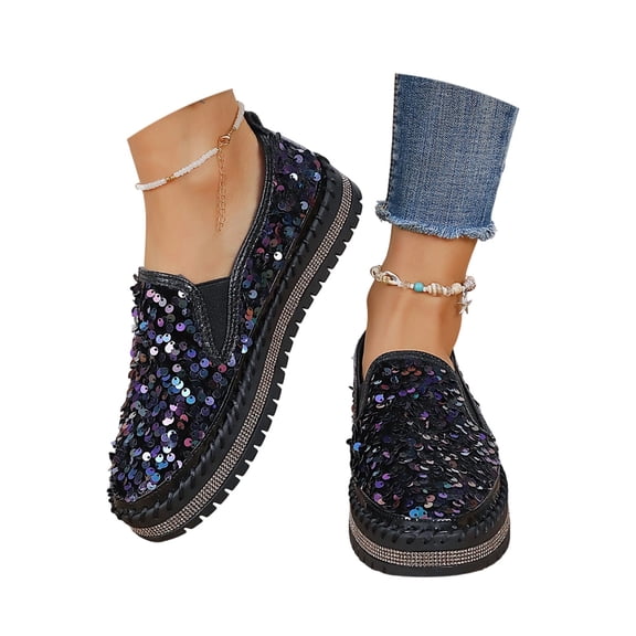 Womens Shoes Carnival Fashion Casual Flat Sparkly Glitter Color Round Toe Slip On Comfortable Loafers Shoes