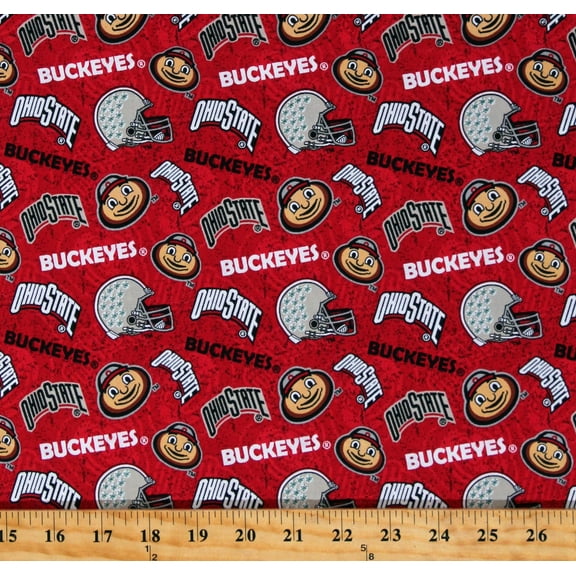 Cotton Ohio State University OSU Buckeyes Brutus Football Helmets Logos Red Tone on Tone College Sports Team Cotton Fabric Print by the Yard (OHS-1178)