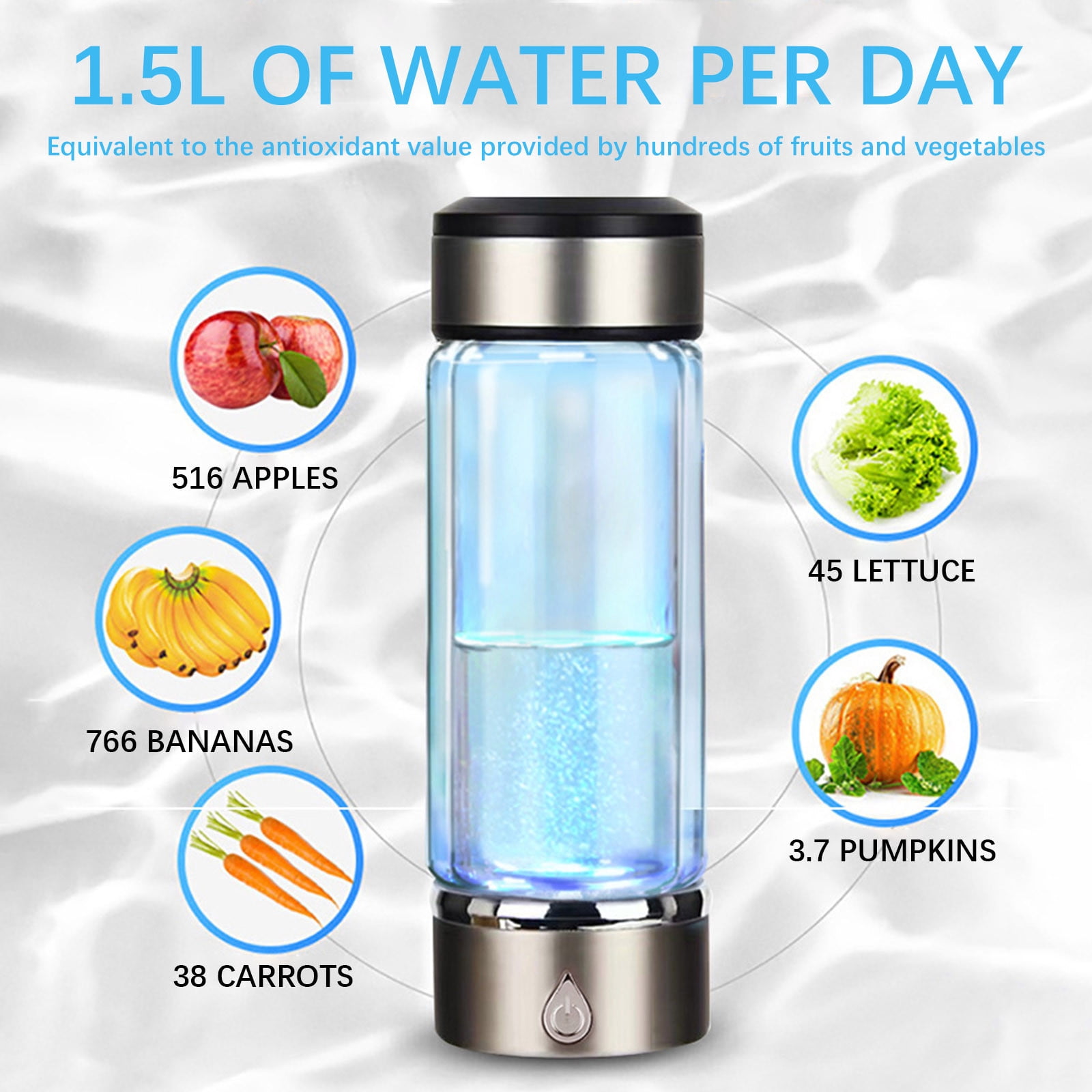 Fankiway Rich Hydrogen Cup, USB Rechargeable Hydrogen Water Bottle, Portable Glass Bottles Weak Alkaline Cup Anti-Oxidation and Anti-Aging Glass Health Cup, Micro Electrolysis Hydrogen Production Cup