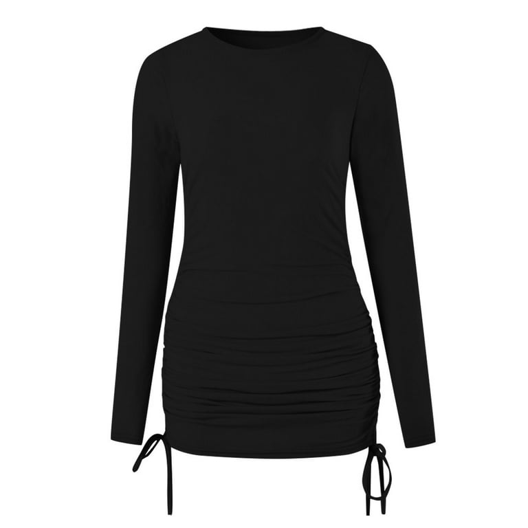 VSSSJ Women's Crewneck Long Sleeve Ruched Slim Ribbed Basic T-Shirt Dresses  Solid Color Side Drawstring Lace-Up Bodycon Mini Dress Black M - Walmart.com