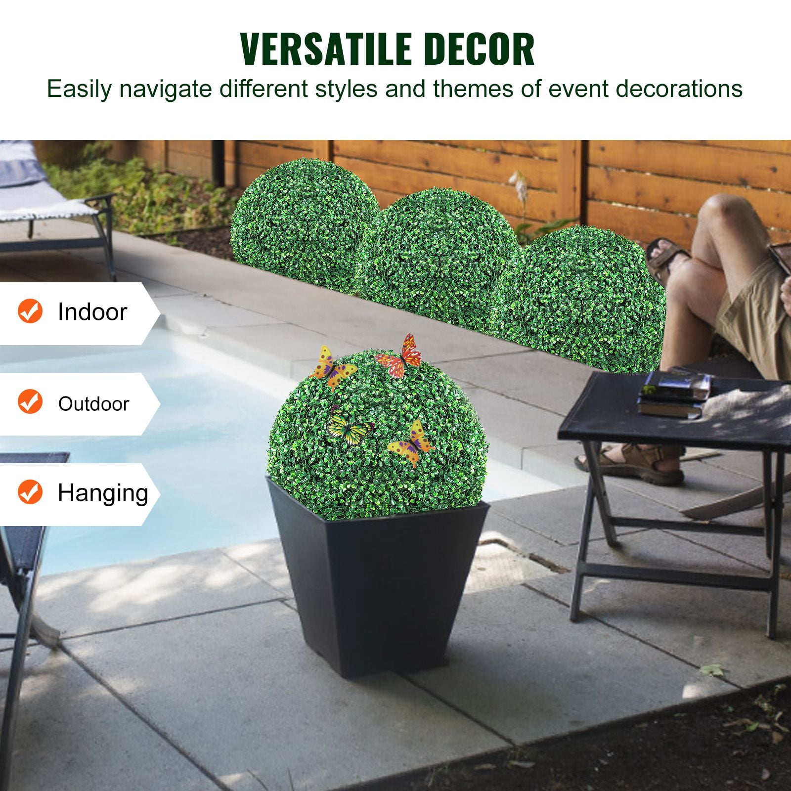 Artificial Topiary Ball 16 Inch 2-Pack PE UV-Resistant with Butterflies for Indoor Outdoor Garden Decor