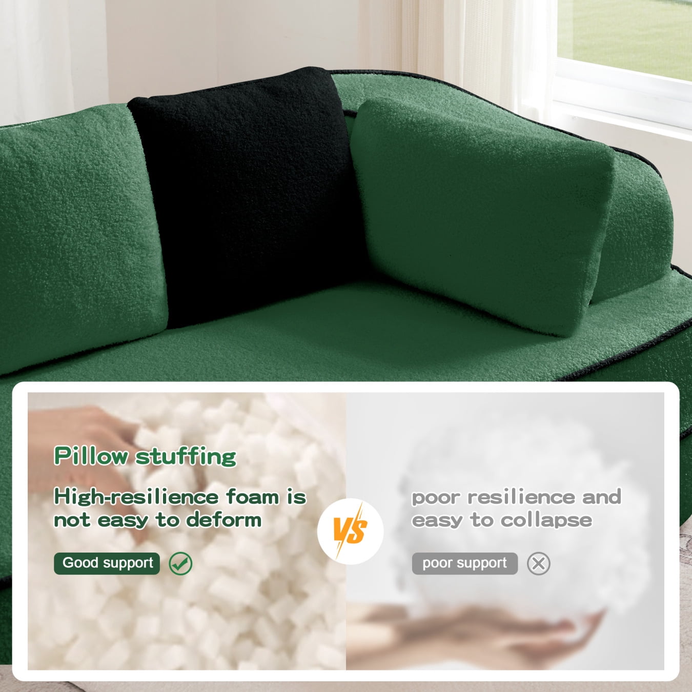 Teddy Fabric 32D Boneless Sofa,Modular Sectional Sofa with Curved Armrest,Contrast Color Design with Pillow,Fluffy Comfy Couch with L Shaped Chaise,for Living Room,No Assembly Required,Green