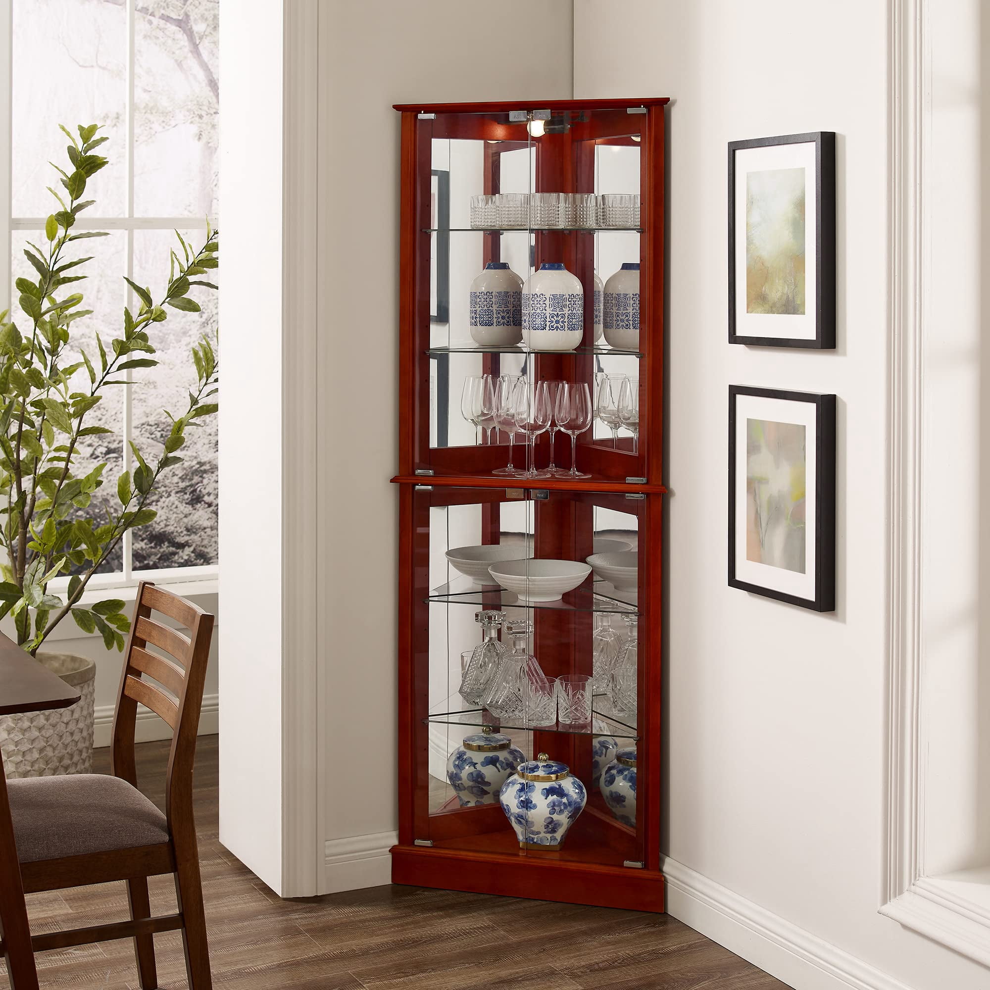Miniyam 6 Tier Triangular Corner Curio Dispaly Cabinet with Lights,Adjustable Tempered Glass Shelves,E26 light bulb not included,Cherry