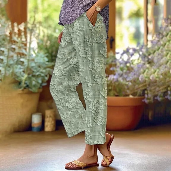 Women's Casual Pants Women'S Floral Embroidered Lace Printed Loose Pocket Patchwork Casual Pants,Green Women's Casual Pants XXXL