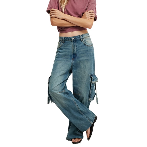 PFRNLF Womens Cargo Jeans Casual Soft High Rise Wide Leg Stretch Denim Pants