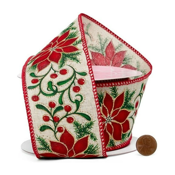 Poinsettia and Berries Linen Christmas Ribbon - 2 1/2 Inches Wide x 10 Yards (56170810) - Holiday Ribbons, Holiday Giftwrap