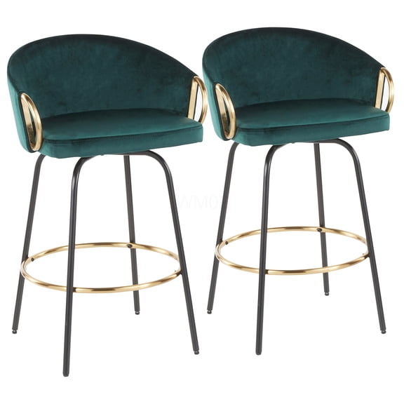 Emerald Green Velvet Counter Stools with Gold Accents, Set of 2 Swivel Bar Stools for Modern Kitchen