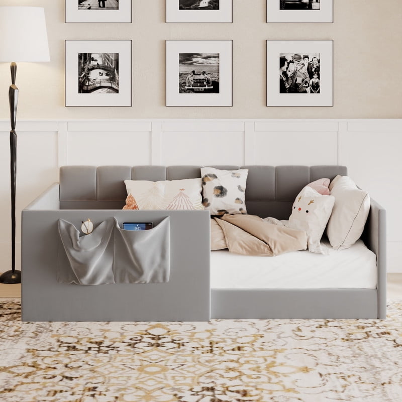 Twin Size Velvet Daybed with 2 Storage Pockets, Upholstered Guest Sofa Bed Frame with High & Padded Backrest