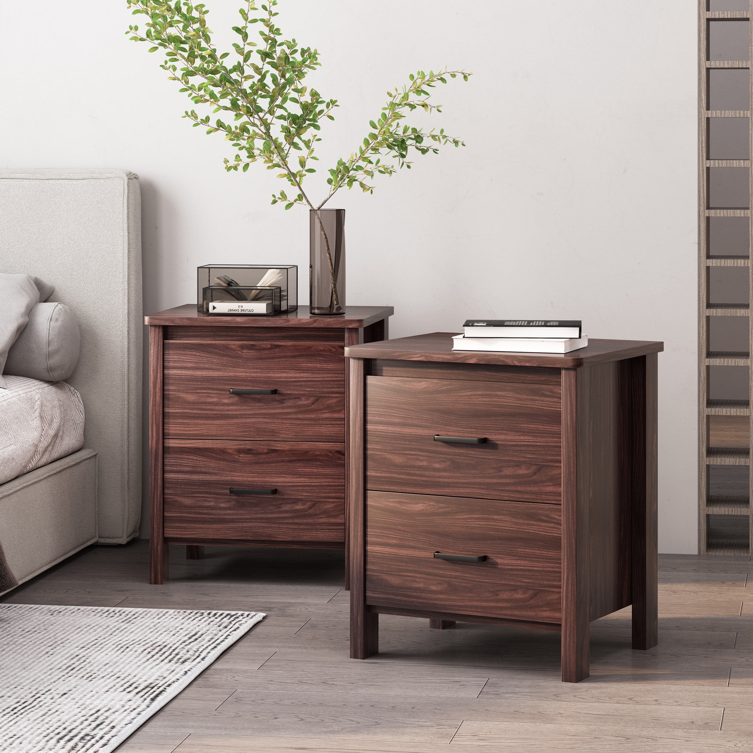 Noble House Hysham 2 Drawer Nightstand, Set of 2, Walnut