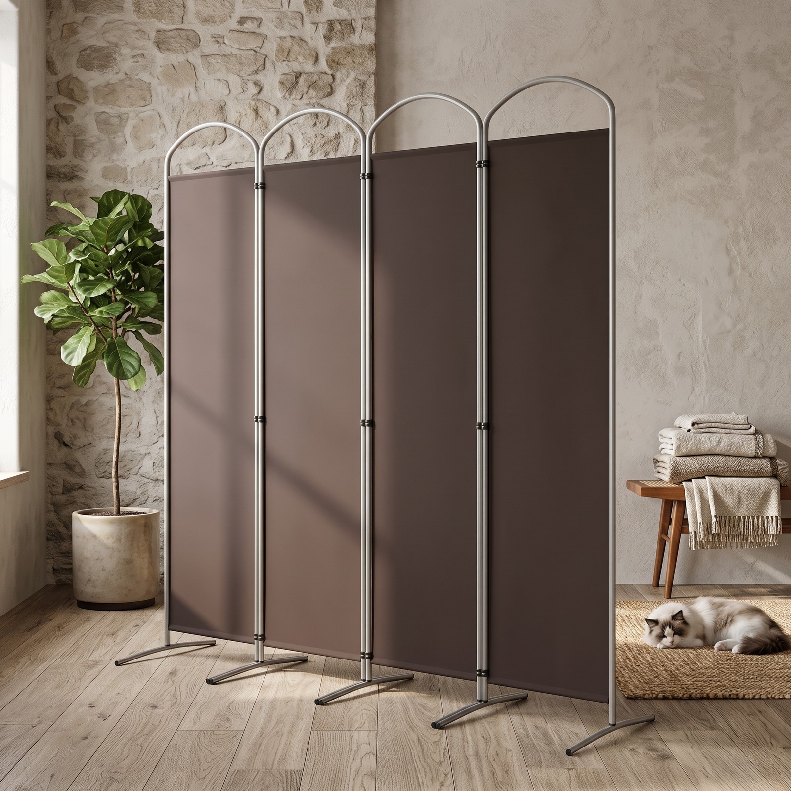 ALPULON 6.2Ft Folding 4-Panel Room Divider Freestanding Privacy Screen Partition for Home Office Living Room Bedroom, Polyester Fabric with Metal Base, Brown