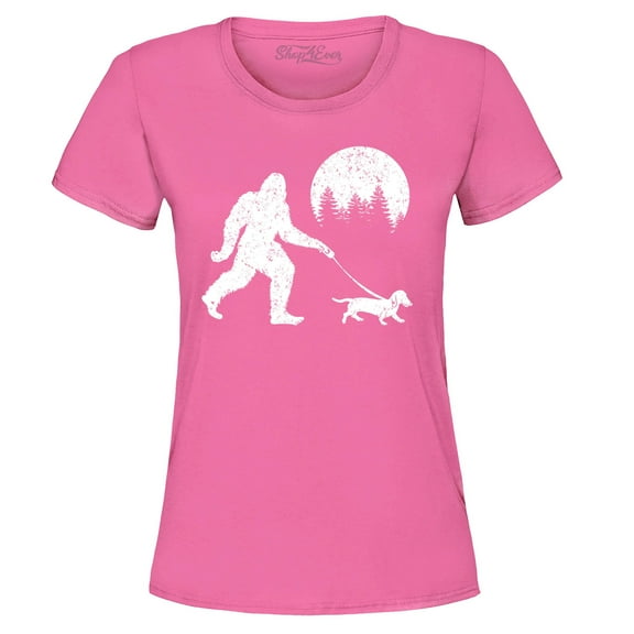 Shop4Ever Women's  Bigfoot Walking Wiener Dog Funny Sasquatch Dachshund Graphic T-Shirt X-Large Azalea Pink
