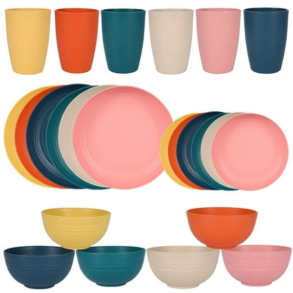 Nvzi 24pcs Wheat Straw Dinnerware Set,Plates and Bowls Set,Camping Dish Set for 6, Plastic Dinnerware Set,Dishwasher Safe Dinnerware Set,Multicolour B