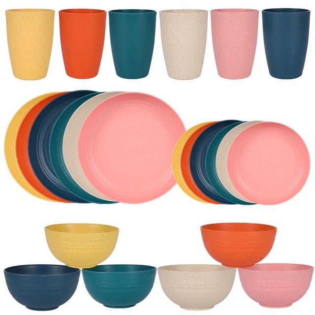 Nvzi 24pcs Wheat Straw Dinnerware Set,Plates and Bowls Set,Camping Dish Set for 6, Plastic Dinnerware Set,Dishwasher Safe Dinnerware Set,Multicolour B