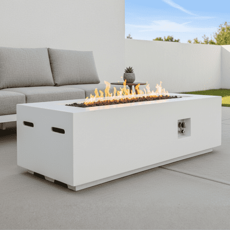 Outdoor Rectangle Propane Fire Pit Table 60inch, 60,000 BTU Concrete Fire Table with Waterproof Cover, Auto-Ignition, Free Lava Rocks,White