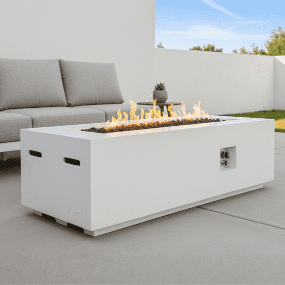Outdoor Rectangle Propane Fire Pit Table 60inch, 60,000 BTU Concrete Fire Table with Waterproof Cover, Auto-Ignition, Free Lava Rocks,White