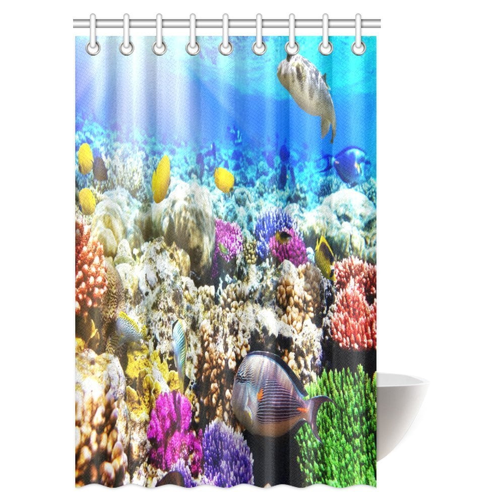 MYPOP Underwater Decor Shower Curtain, Coral Reef with Colorful Fish