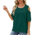thumbnail image 2 of Fesfesfes T Shirts for Women Women Spring And Summer Off The Shoulder Round Neck Lace Patchwork 3/4 Sleeve Loose Tops Loose Fitting Tops for Women M(US:6), 2 of 9