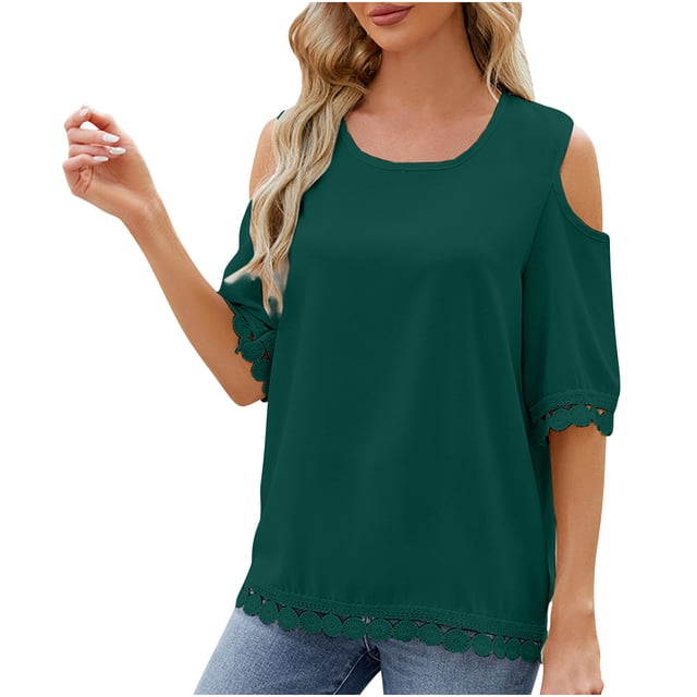 Jgppe Womens Cold Shoulder Tops Comfy Solid Color Crewneck Loose Tunic Shirt Summer Blouses for Ladies