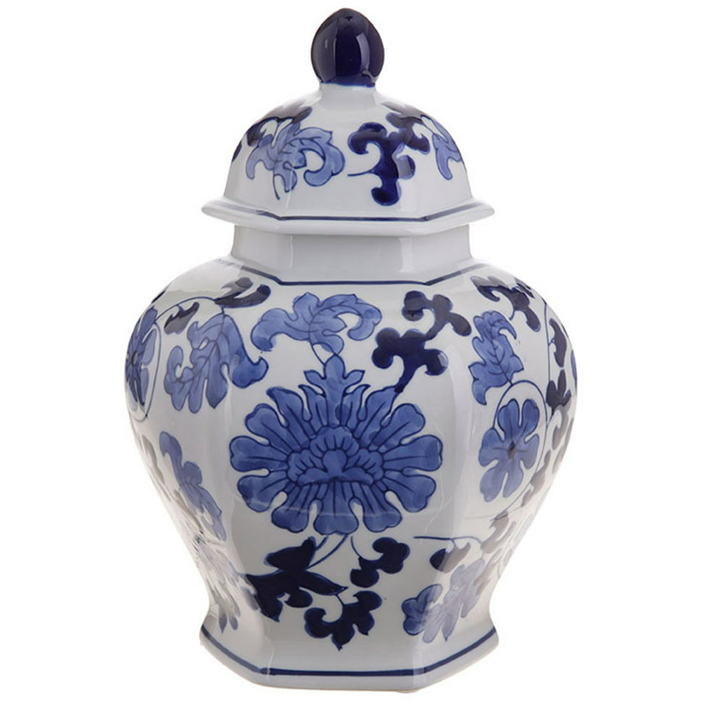 Glossy Floral Blue 11 x 7 Porcelain Ceramic Christmas Vase Jar With Lid