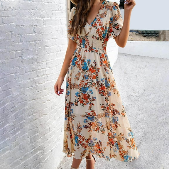 DailyTrove Women's Floral Print Maxi Dress-Short Sleeve-V-Neck-Chiffon-for Beach Vacation/Summer Brunch-Bohemian Floral