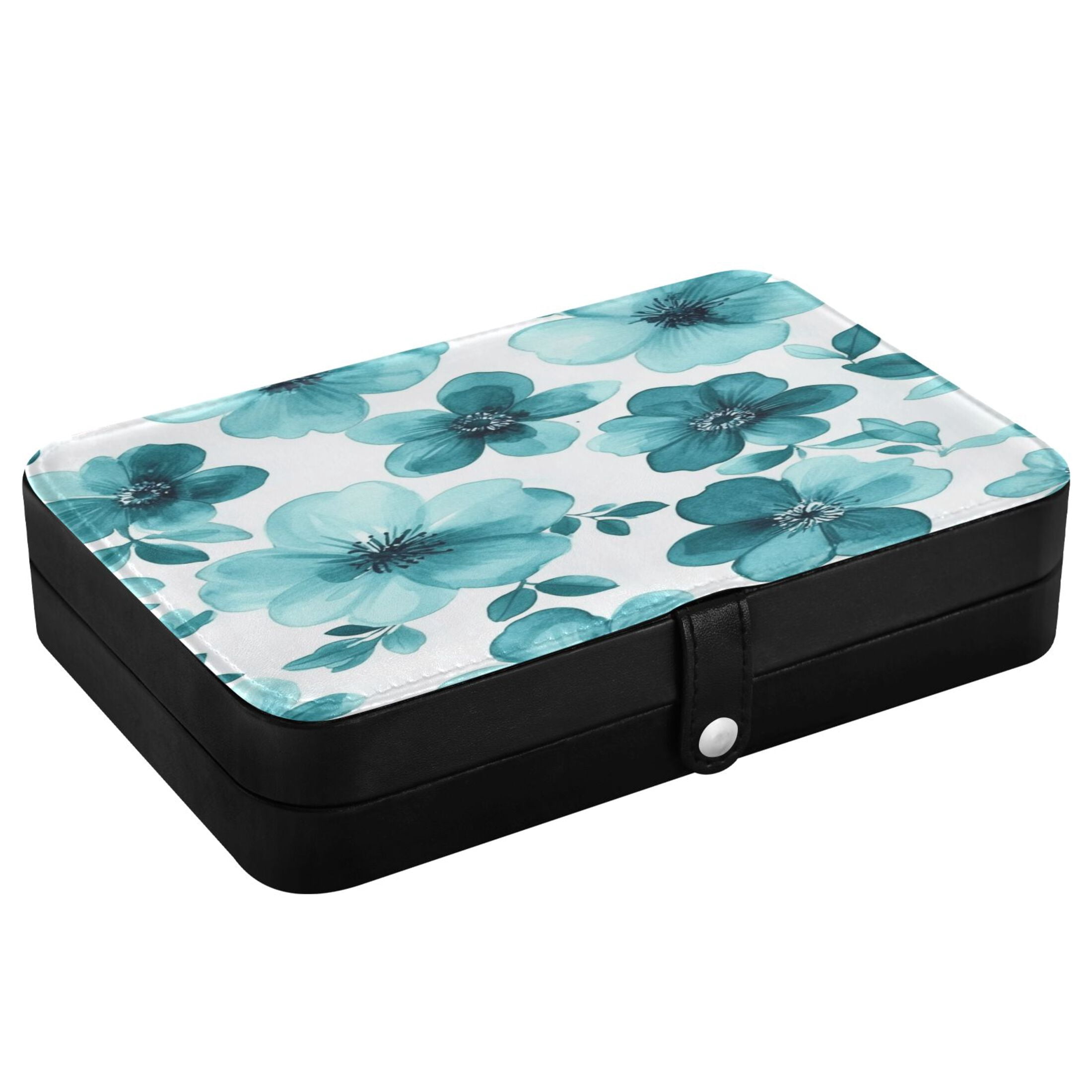 Leather Jewelry Box Rectangular 8.27x5.5x1.78In Travel Jewelry Storage Earrings Necklace Bracelet Watch Brooch Storage Cartoon Navy Flowers Seamless