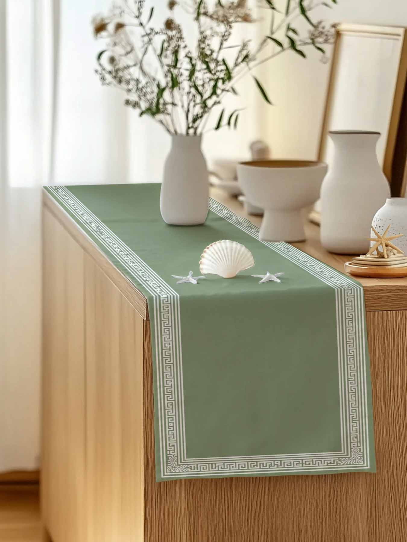 Table Runner 108 Inches Long for Kitchen Dining, Green Geometric Dresser Scarf Farmhouse, Dining Table Decorations for Wedding/Parties, White Greek Key Design Abstract Modern Art 13 x 108 In