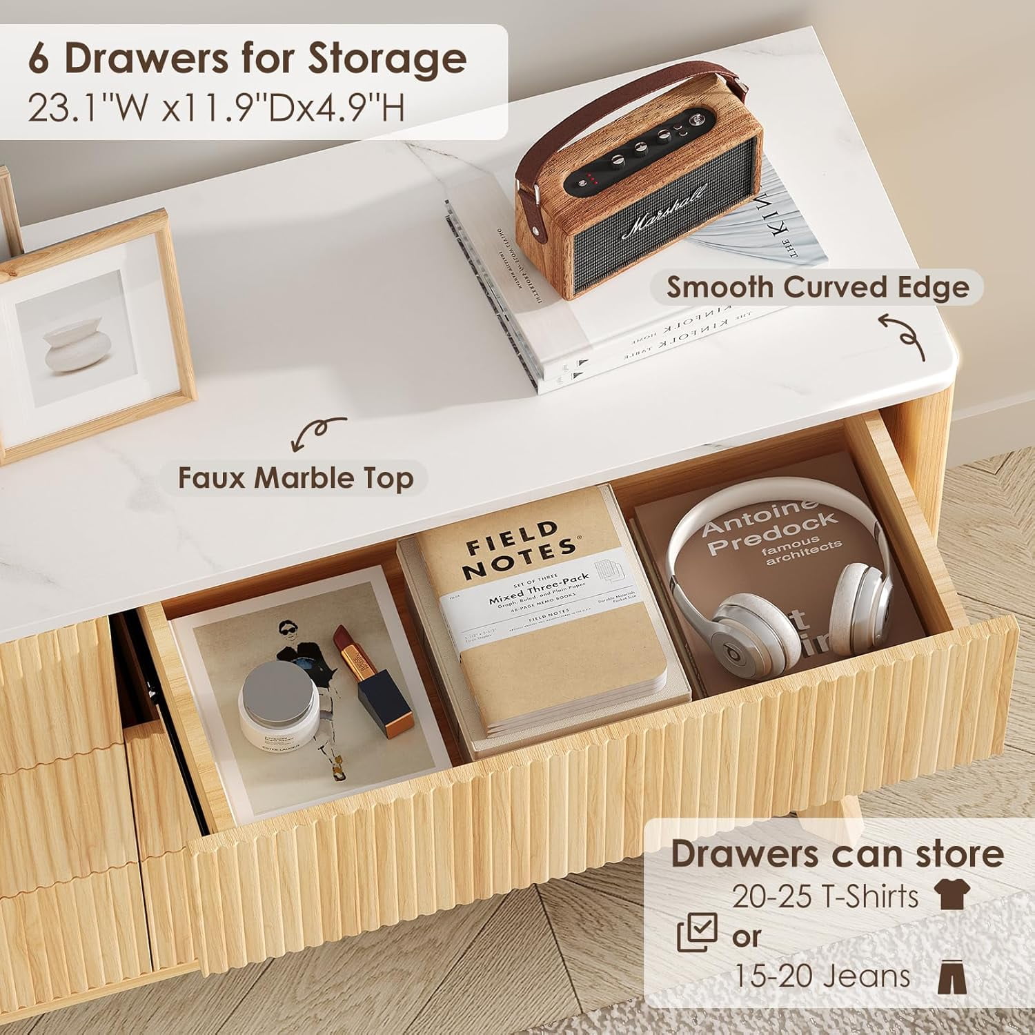 Selooye 6 Drawers Dresser for Bedroom, 52" Wide Handleless Chest of Drawers with Faux Marble Top, Wooden Dresser TV Stand, Wood Drawer Organizer for Living Room, Hallway, Natural Oak