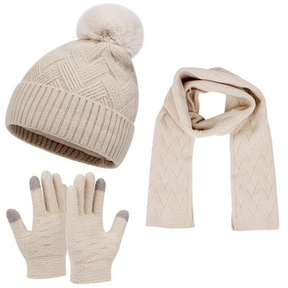 Women's Winter Hat Scarf Gloves 3-Piece Set, Warm Knit Beanie with Soft Fleece Lining, Matching Neck Warmer and Mittens, Cold Weather Accessories for Adults, Trio Set for Outdoor Activities Beige