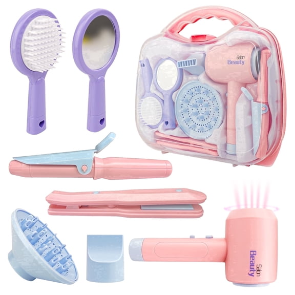YCFUN Beauty Salon Hair Toy Set for Girls, Pretend Play Kids Hair Toy with Realistic Blow Dryer, Beauty Makeup Kit Role Play Set for Girls Ages 3