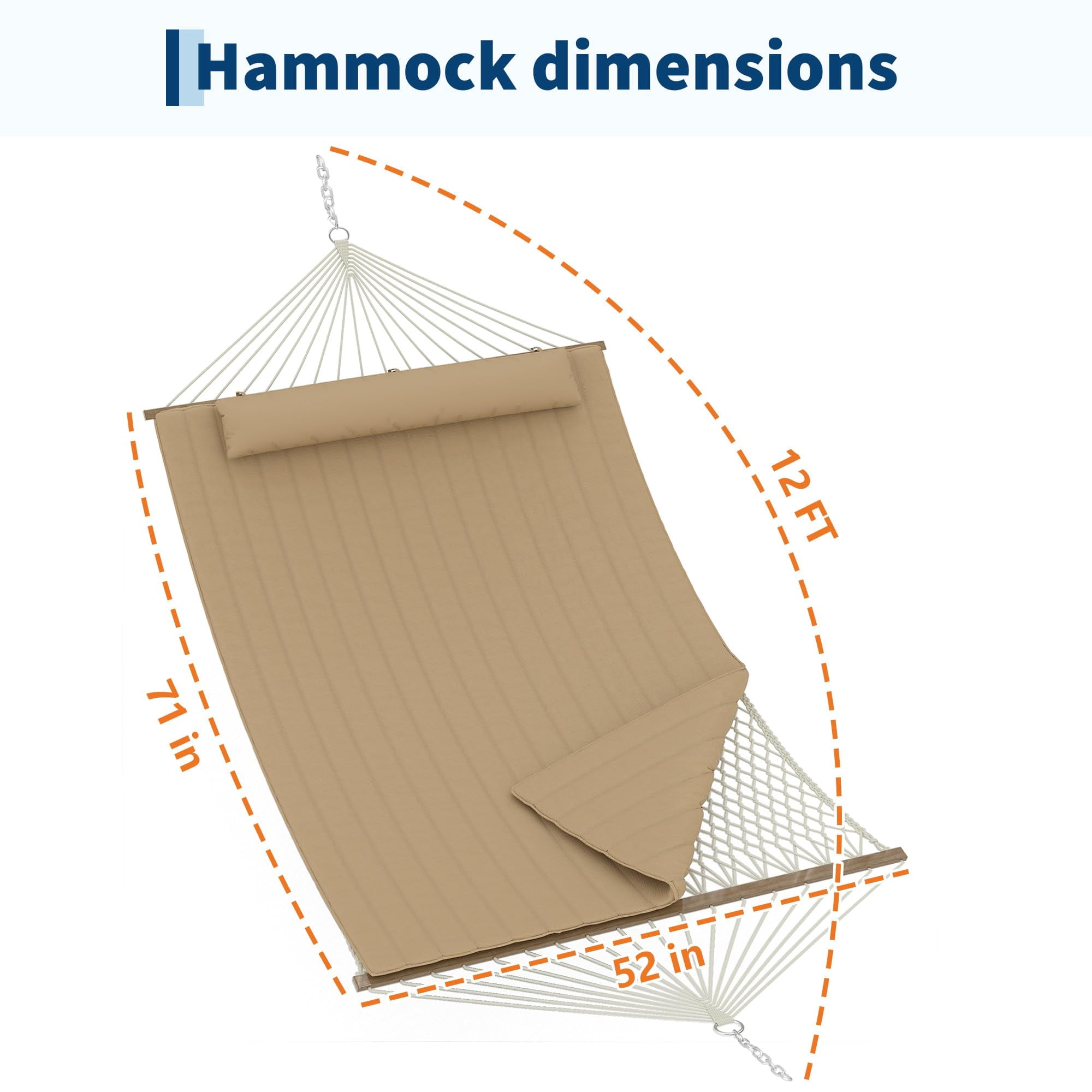 Ataucjin 2 Person 12FT Hammocks for Outside, Double Quilted Fabric Outdoor Hammock with Spreader Bar, Large Removable Pillow, Storage Pockets, Carabiners, Max 450 Lbs Capacity