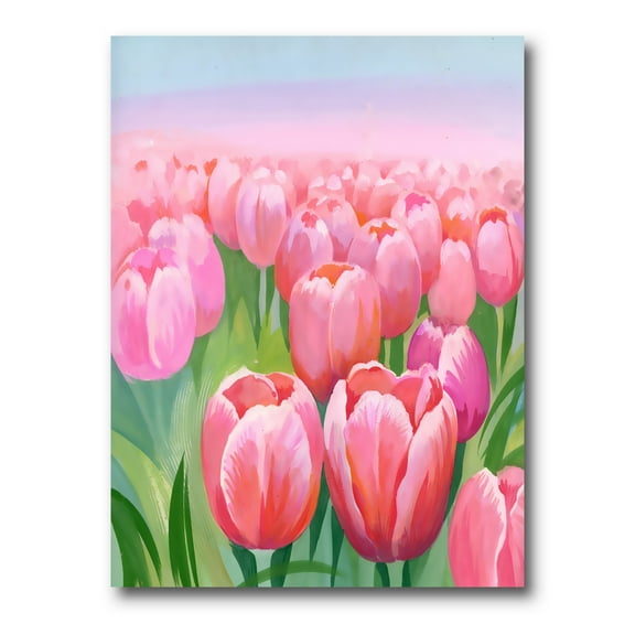 Pink Tulips in Field 12 in x 8 in Painting Canvas Art Print, by Designart
