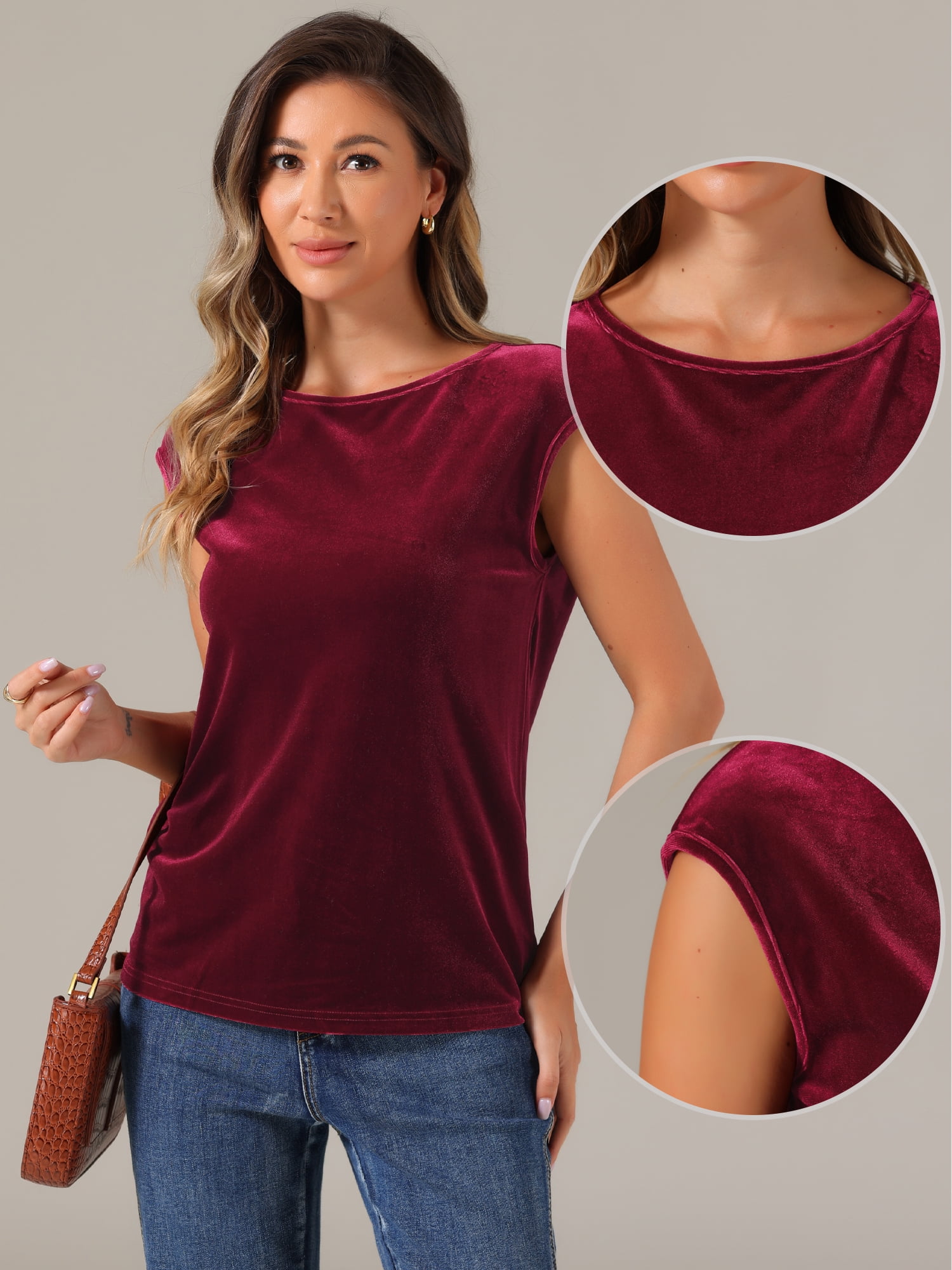 DARING DIVA Women's Velvet Christmas Party Crew Neck Cap Sleeve Top L Burgundy