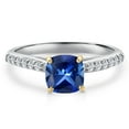 thumbnail image 3 of Gem Stone King 10K Two Tone Gold Blue Created Sapphire and Lab Grown Diamond Engagement Ring for Women | 1.18 Cttw | Cushion 6MM | Gemstone September Birthstone | Size 5, 3 of 6