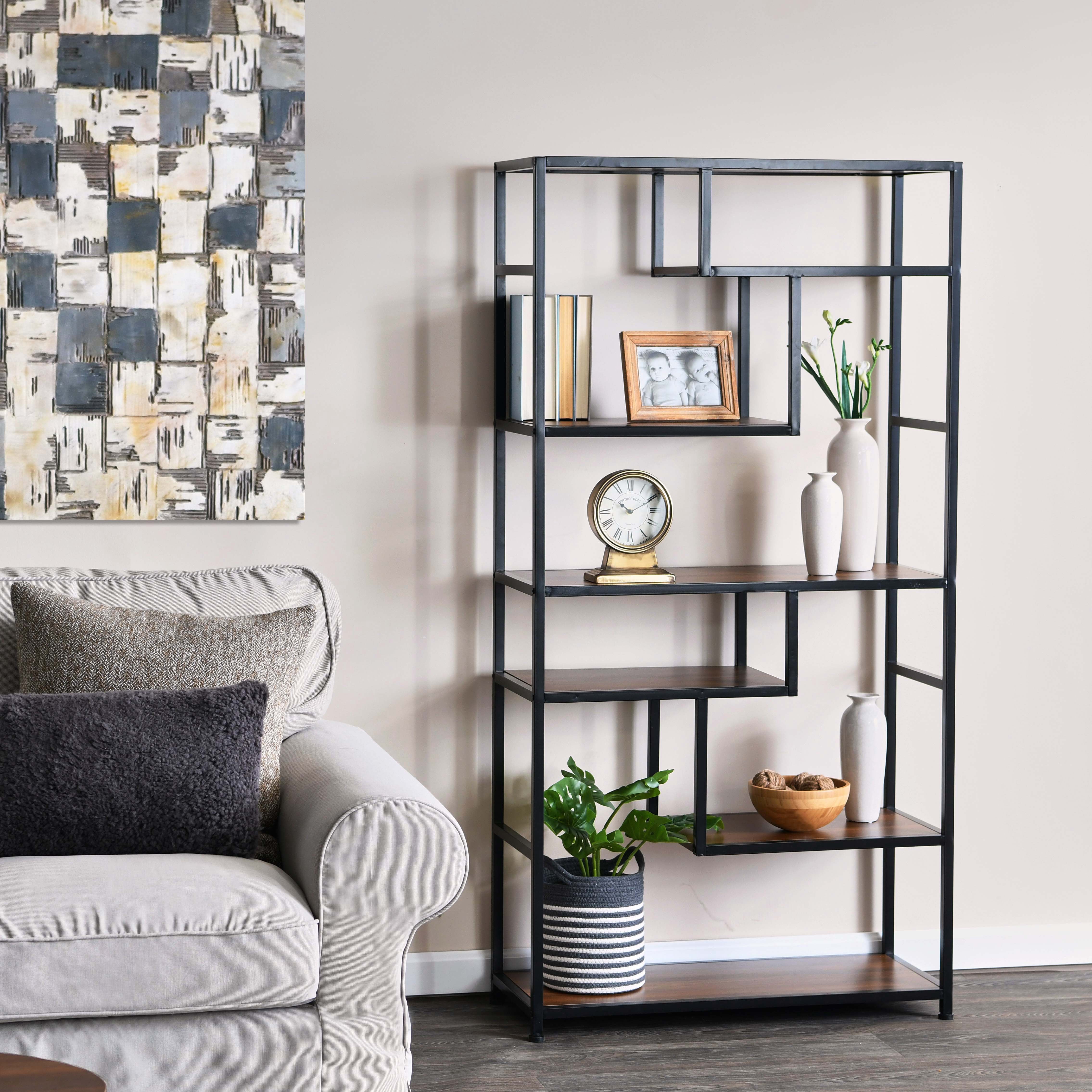 Household Essentials 6 Tier 65'' Tall Etagere Bookcase, Mid Century Walnut