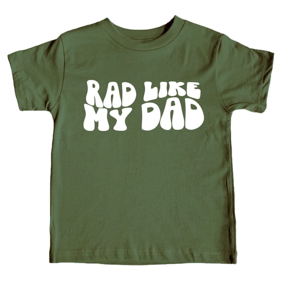 Rad Like My Dad Groovy Retro Father's Day Gift Shirt for Boys and Girls White on Military Green Shirt Youth Large