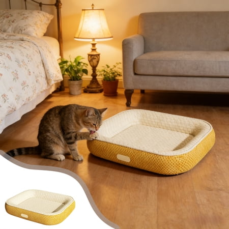 Ice Silk Pet Bed Cooling Summer Mat Raised Bolster Cat Dog Lounger Breathable Soft Sleep Cushion Non Slip Bottom Washable Indoor Sofa Crate Floor Napping Rest Pad for Cats Small Dogs Summer Comfort