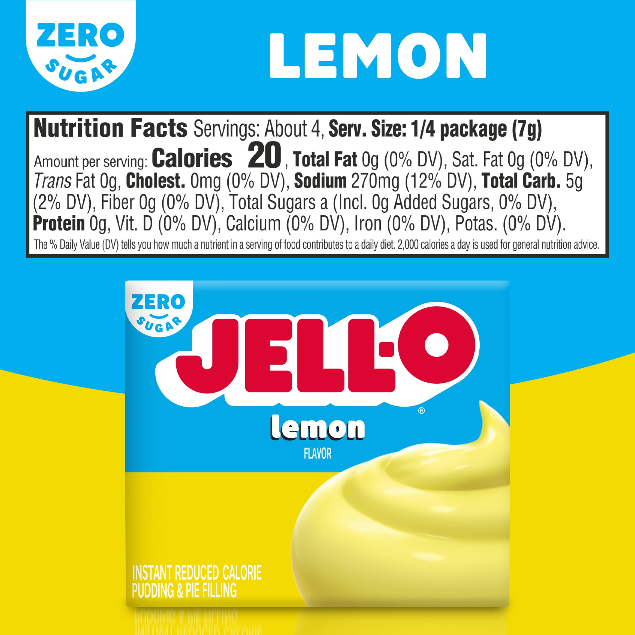 Jell-O Lemon Flavor Zero Sugar Instant Reduced Calorie Pudding & Pie Filling Mix, 1 oz Box