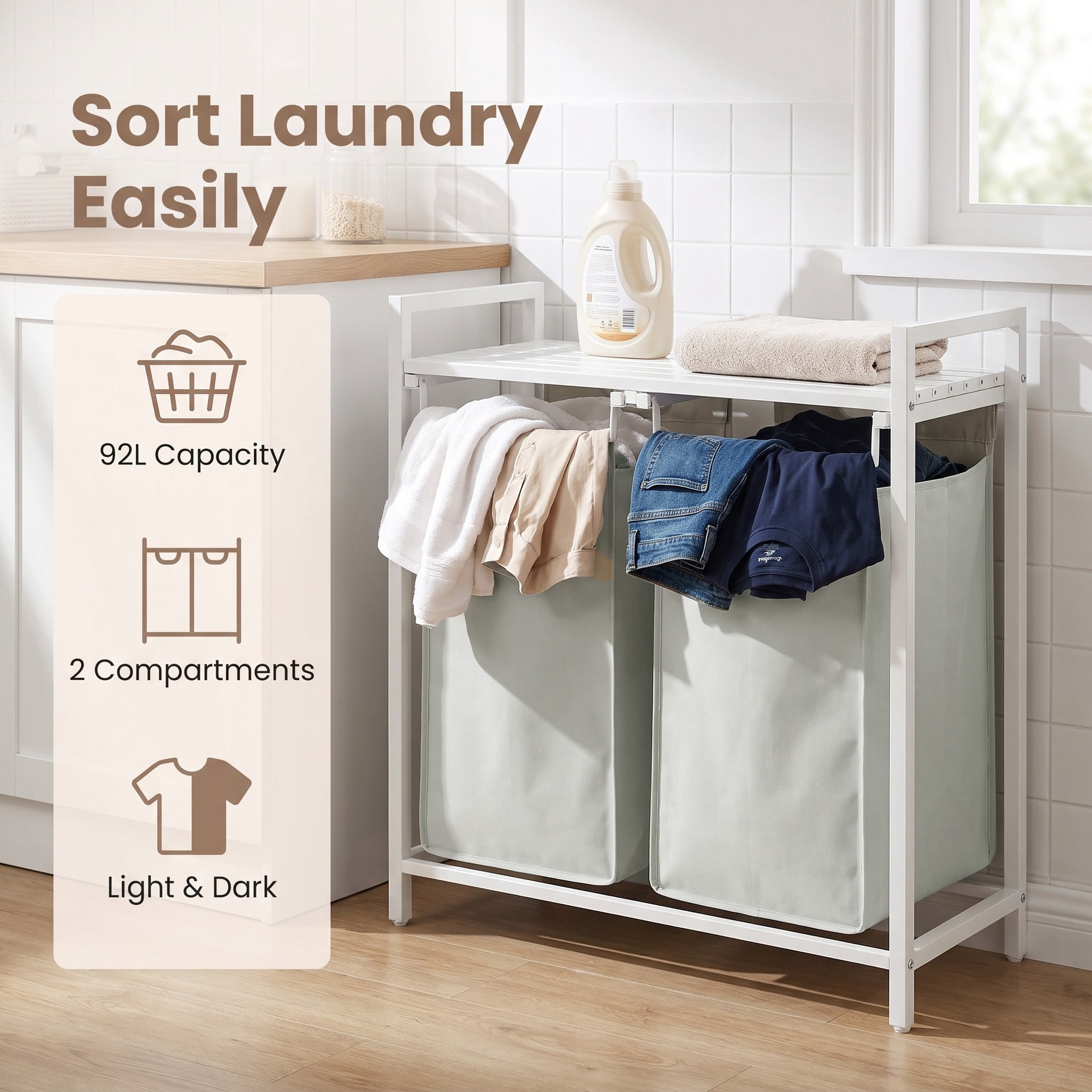 Ledrem Laundry Sorter with 2 Removable Bags and Storage Shelf, 2-Compartment Organization, White