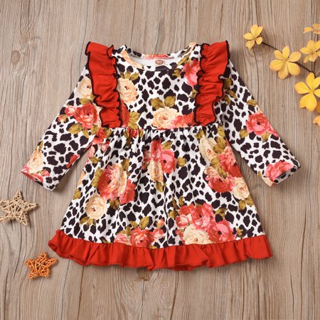 

Augper Toddler Dress Winter Fall Dresses Clearance Toddler Baby Kids Girls Ruched Ruffles Floral Leopard Print Princess Dresses Red